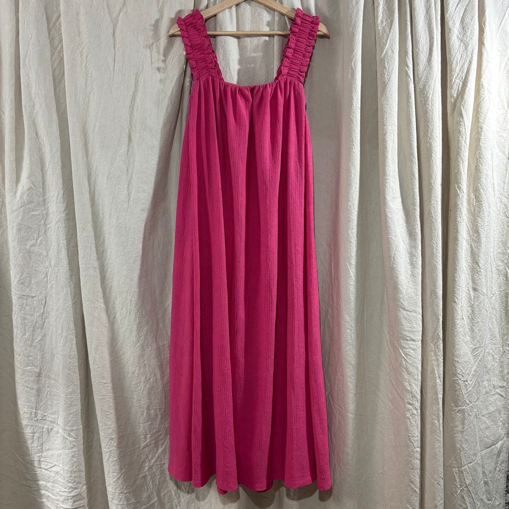 HM Pink Seersucker Open‎ Back Bow Tie Midi Dress Ruffle Strap Womens Medium